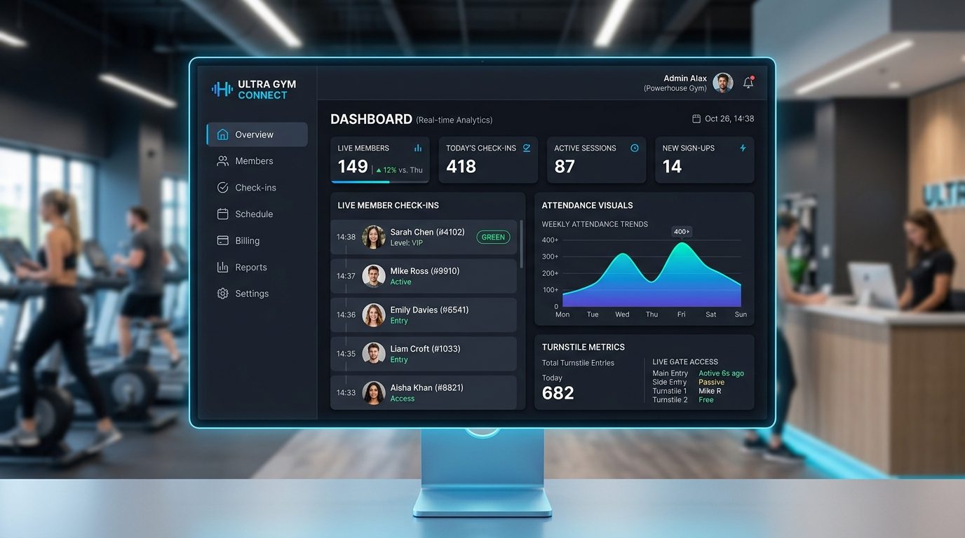 Recepționer și manager folosesc dashboardul TotalGymCloud